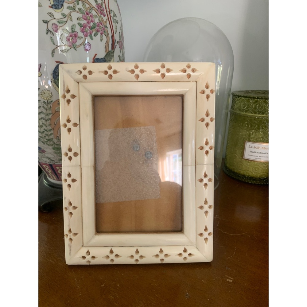 Vintage Bone Inlay Picture Frame Hand Carved Cream 4x6 Boho Decor